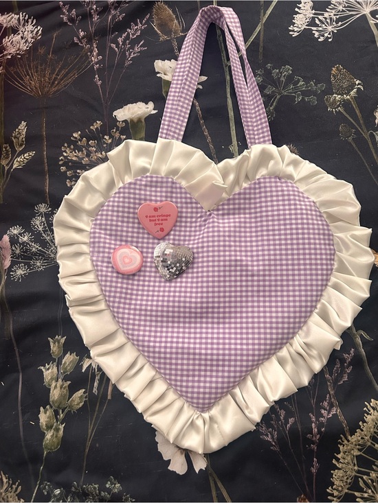 Handbags - Handmade Lavender Gingham Heart Tote with Satin Cream Ruffle